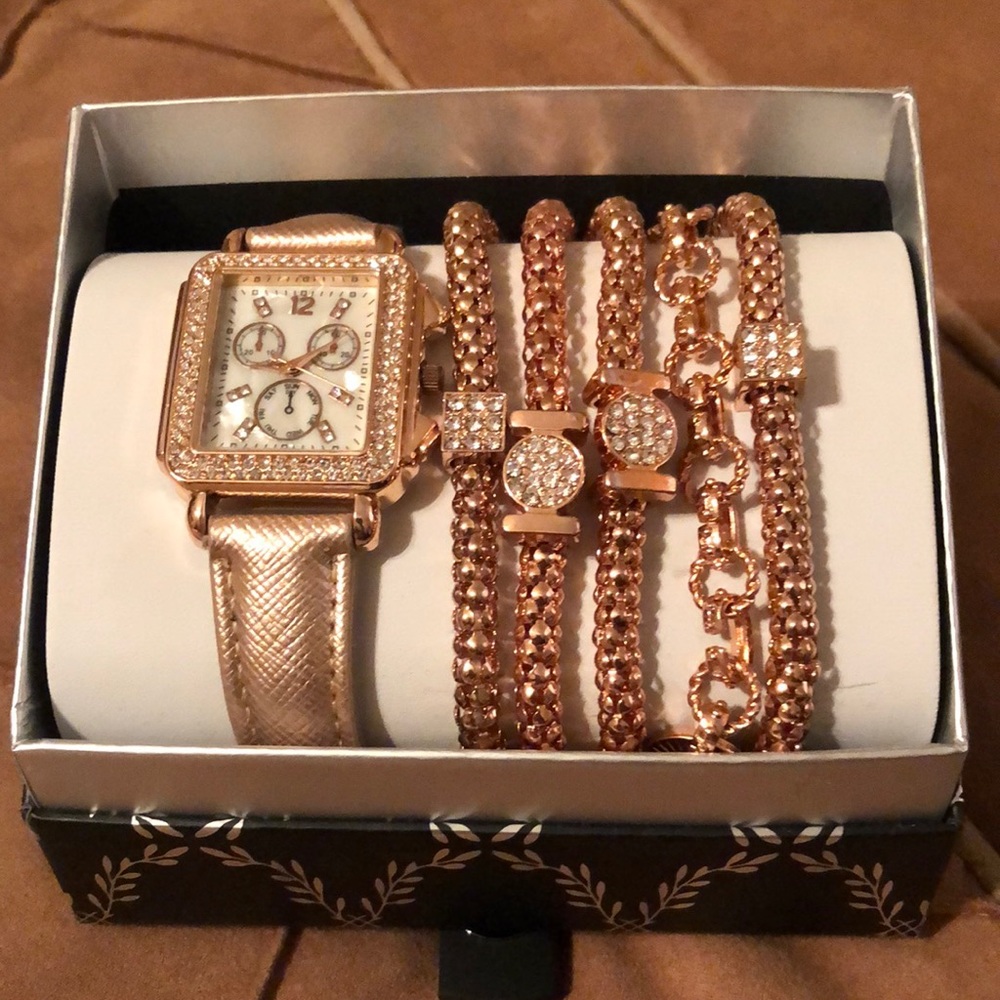 Rose Gold Watch & Bracelet Set along with watch, includes five unique bracelets
